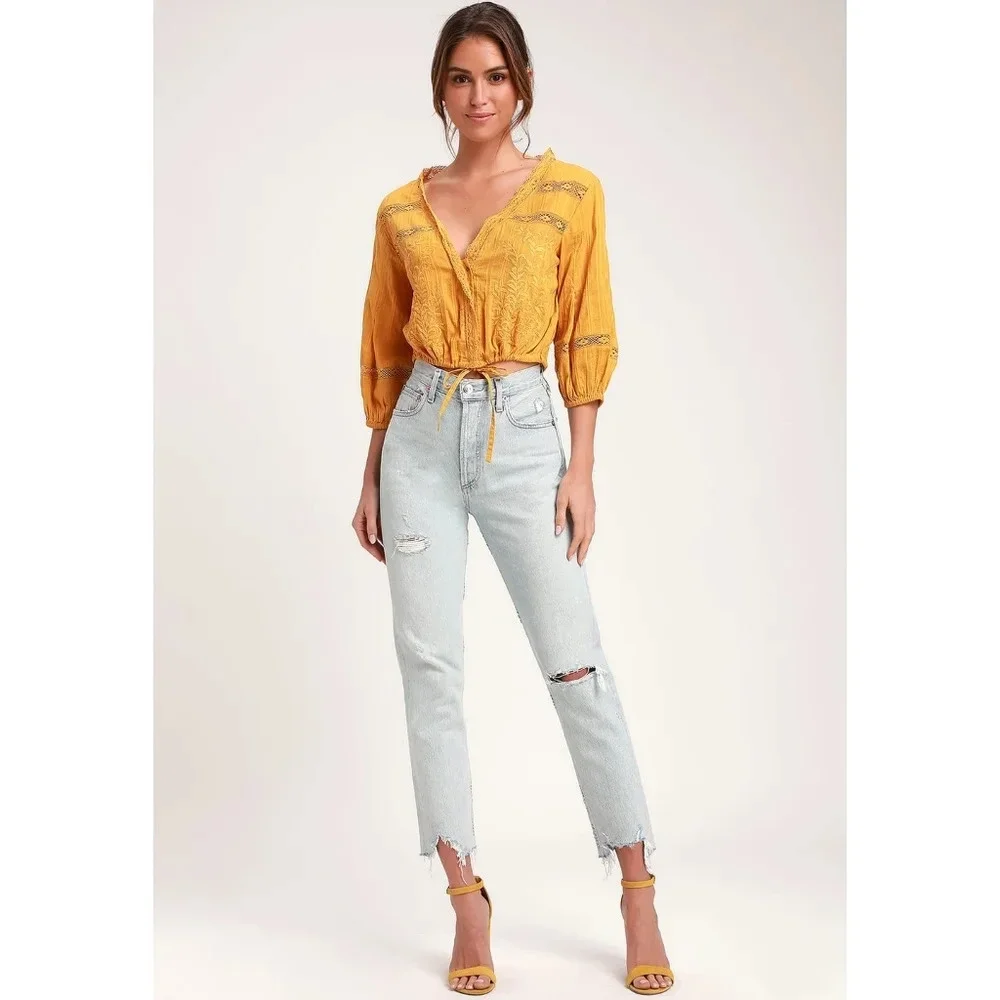 Free People Follow Your Heart Golden Yellow Embroidered Crop Top Size Small
